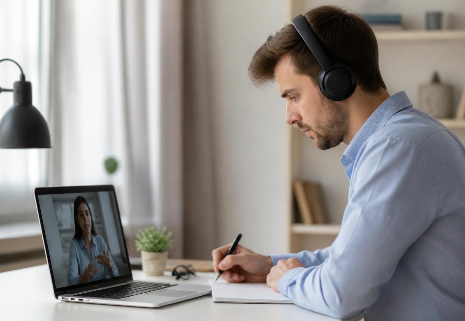 A working professional taking notes during a live online IELTS class on a laptop at home